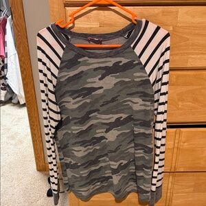Pink Lily Camouflage and Striped Long Sleeve Top